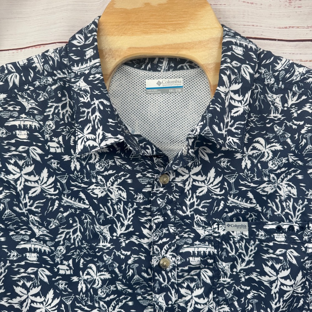 Columbia PFG Shirt‎ Mens 2XL Bahama 2 Blue Tropical Fiah Print Vented Outdoors